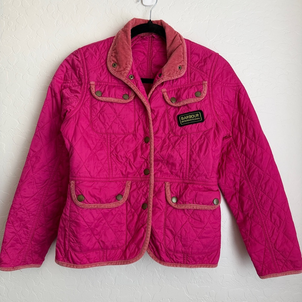 Barbour International Girl's Quilted Jacket Corduroy Trim Pink Large 10/11‎